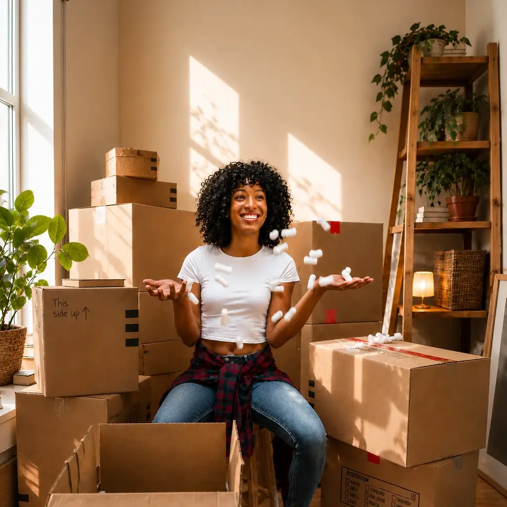 Happy customer surrounded by shipping boxes ready to send to Ghana